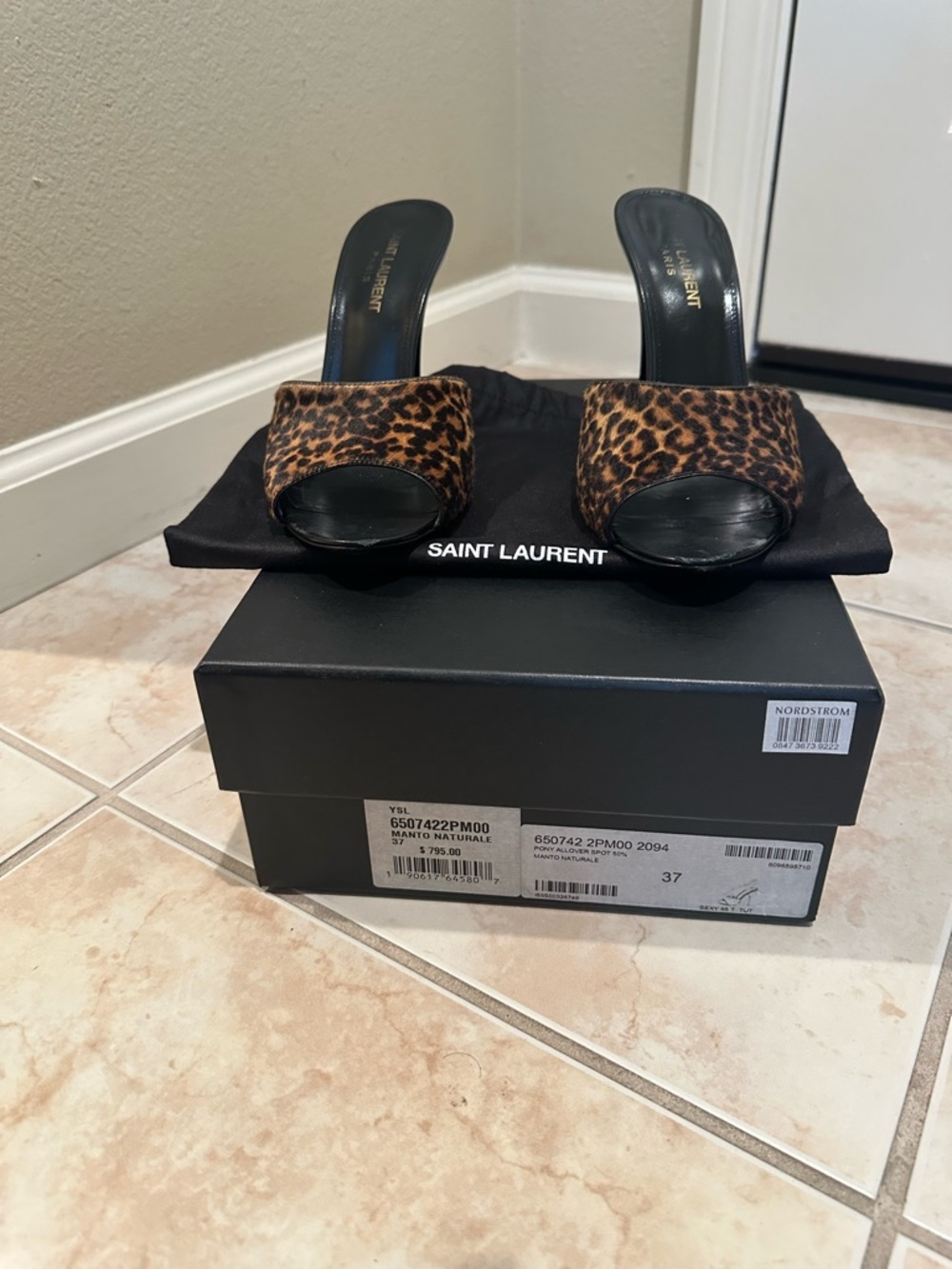 Saint Laurent Leopard-Print Open Toe Mules in Brown and Black - Picture 6 of 6